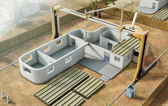 Drawing of 3D printer building a house